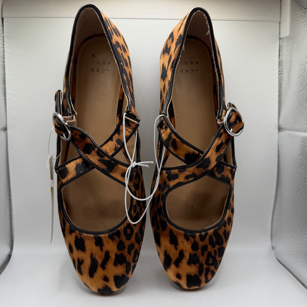 A New Day Tamsin Leopard Print Crisscross Mary Jane Flats Brown NEW - Picture 1 of 3
